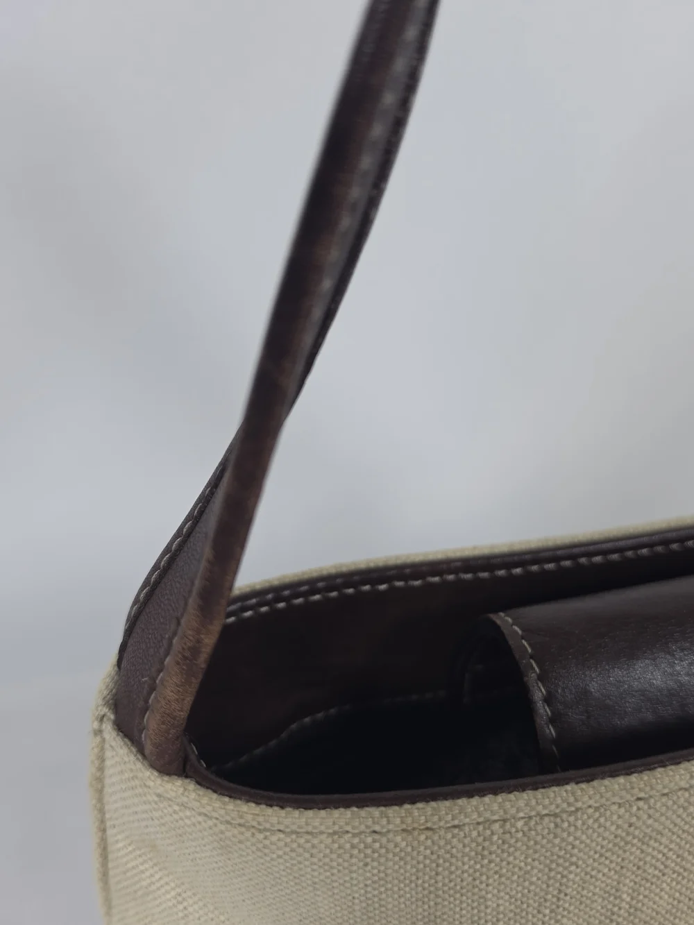 Coach 6181 Demi Shoulder Bag Cream Linen Canvas Brown Leather Small Women